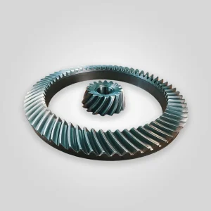 Spiral bevel gear set for FLSmidth Raptor cone crusher showing pinion and ring gear